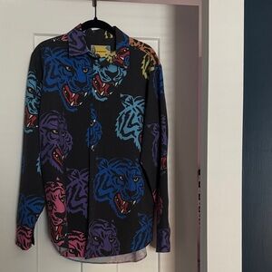 Wolf & Badger Unisex Button-Down Shirt with Multicolor Tiger Print Size Small
